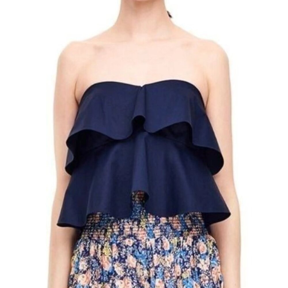 $250 NWT Rebecca Taylor Off Shoulder Satin Ruffle Crop Top Strapless Navy size 0